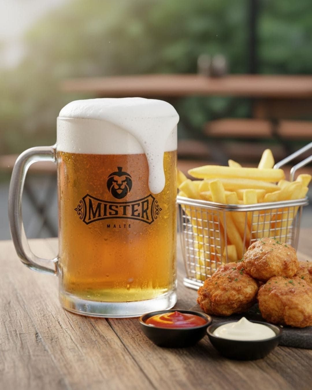 Caneca de chopp Mister Malte com batata frita e petiscos