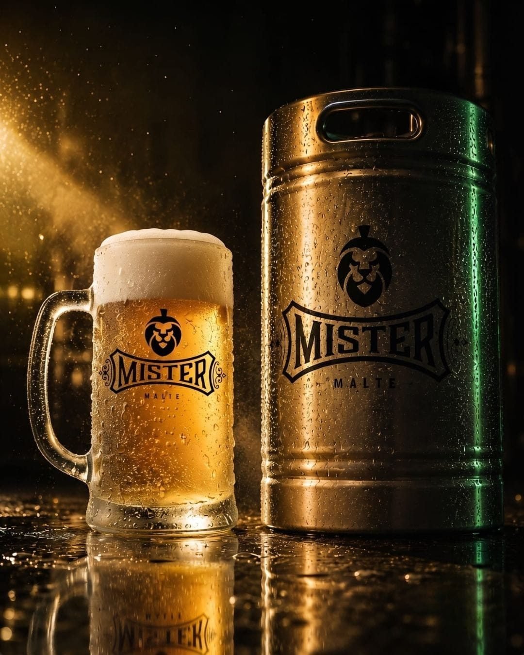 Caneca de chopp ao lado do barril Mister Malte