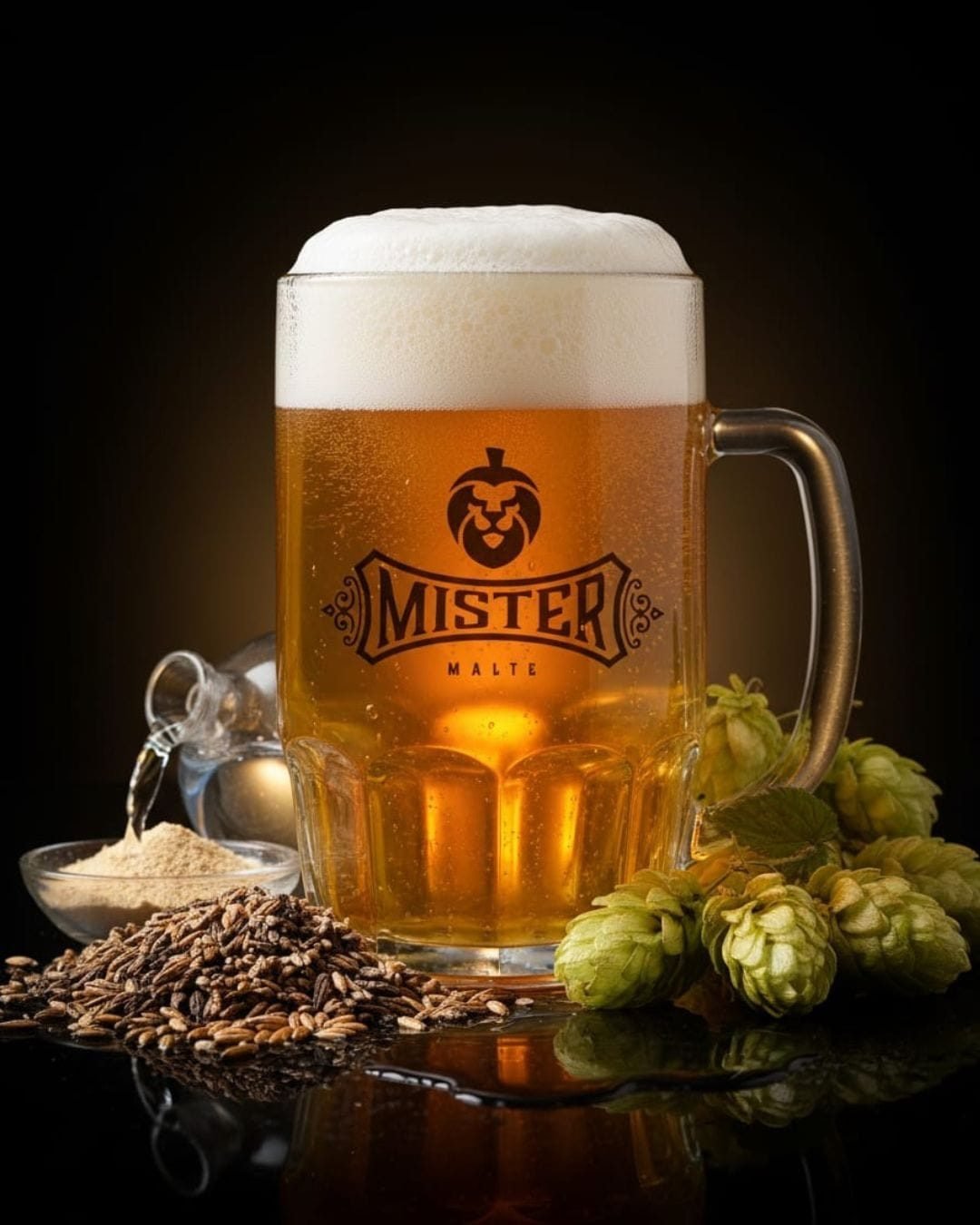 Caneca de chopp Puro Malte Mister Malte com malte e lúpulo