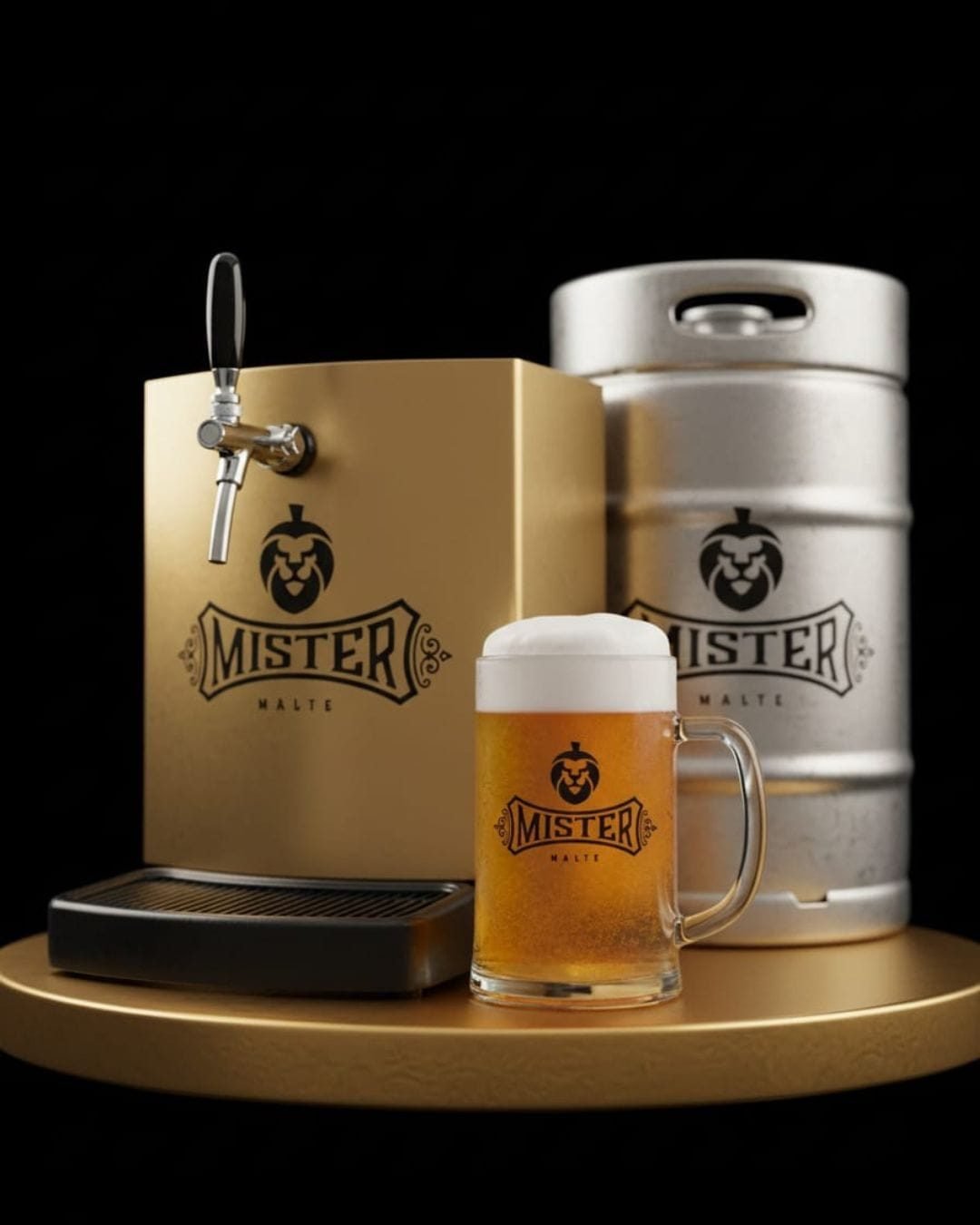 Chopeira dourada, barril e caneca Mister Malte sobre base dourada
