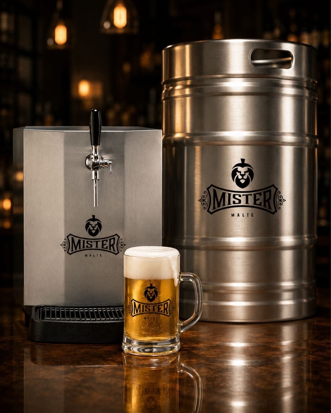 Chopeira profissional de inox Mister Malte com barril e caneca de chopp