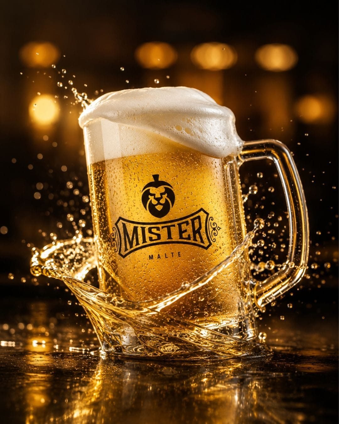 Caneca de chopp Mister Malte com splash cinematográfico dourado