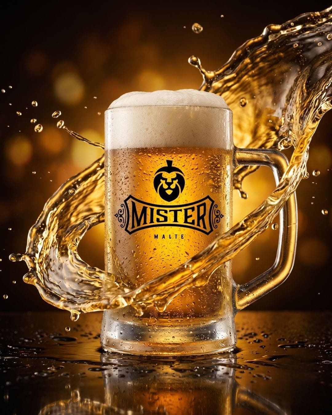 Caneca de chopp Mister Malte com onda de chopp dourado ao redor